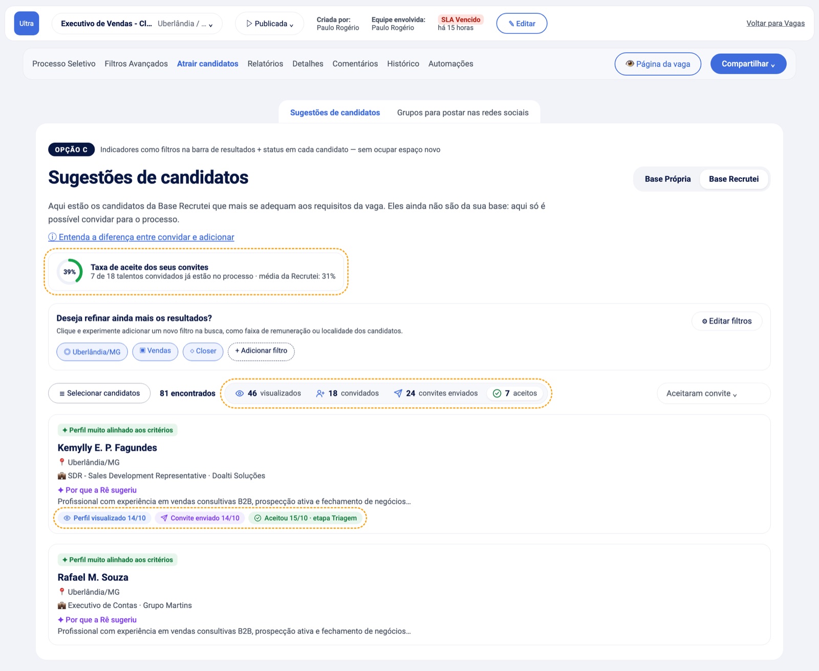Opção C: indicadores como filtros na barra de resultados e status em cada candidato